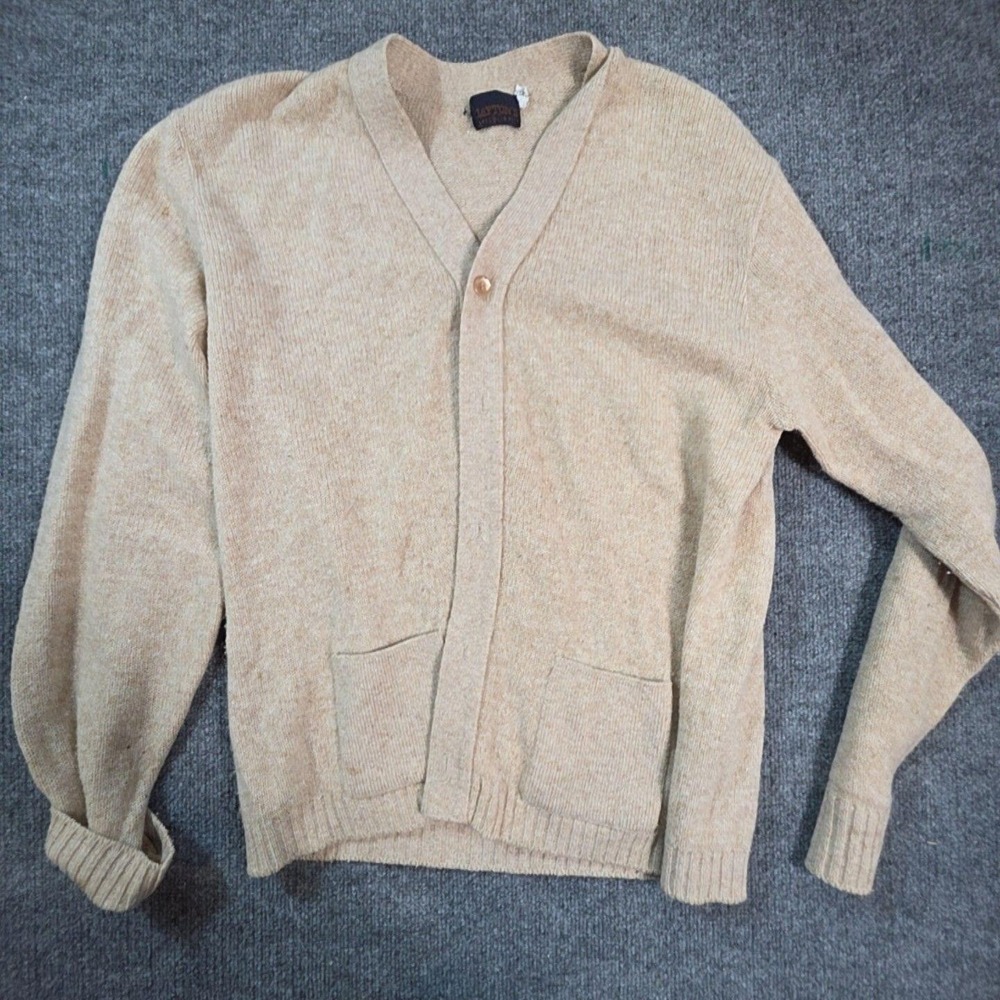 Vintage Dayton's Mens XL Beige Knit V Neck Cardigan Sweater Pockets Casual